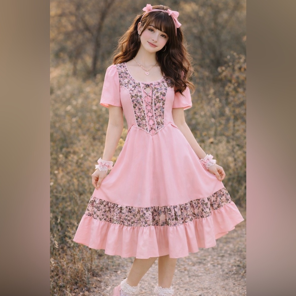 *1970’s-Vintage polyester dress -Wards- pink with floral & corset tied bodice